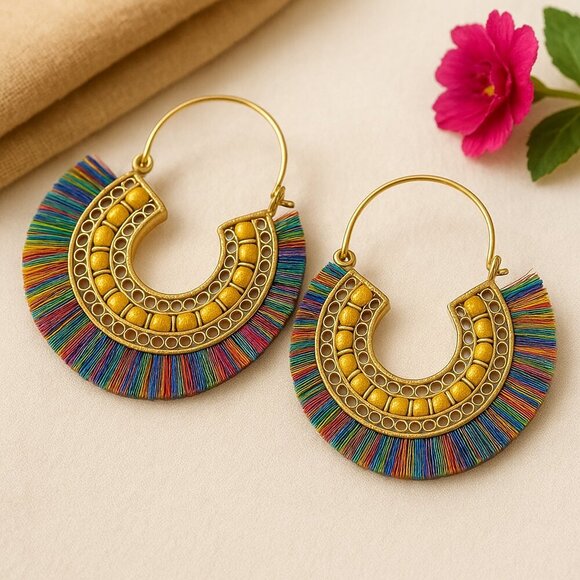 🆕️Boho Chic Rainbow Hoop Earrings Handmade Indian Artisan Statement Jewelry - Picture 7 of 12